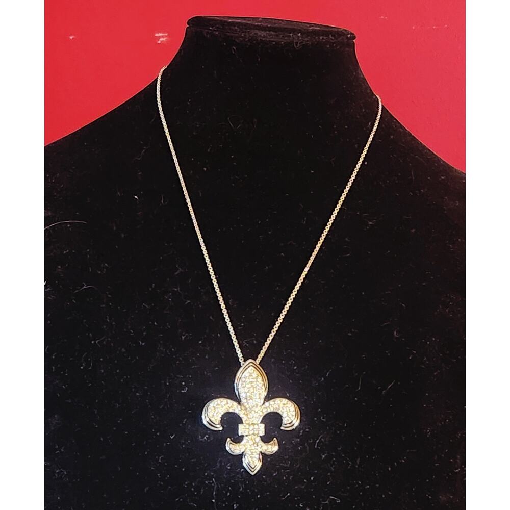 Fleur De Lis Mega Rhinestone Pendant Necklace 26" Silver tone chain Vintage NOS
